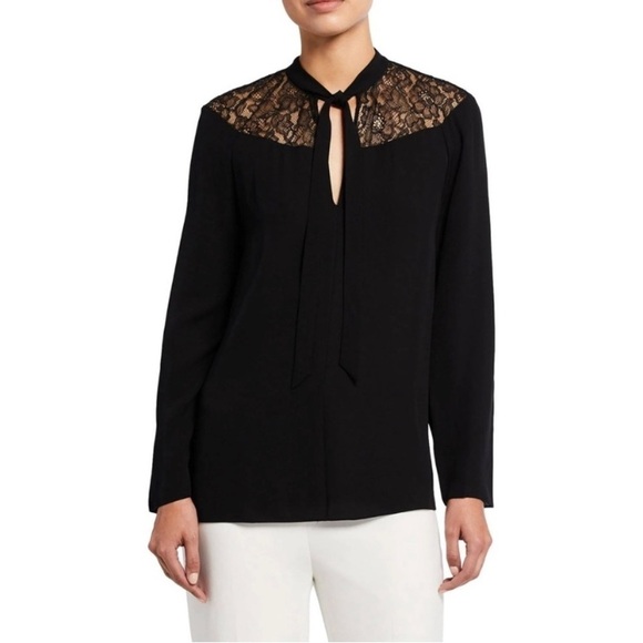 THEORY Long-Sleeve Lace Yoke Tie Neck Top Size S - Picture 1 of 9